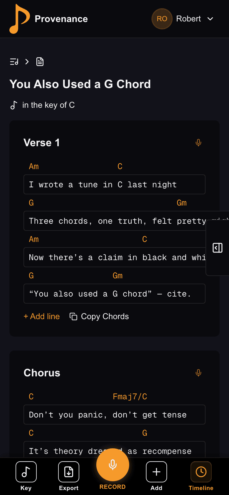 Provenance app in dark theme on mobile