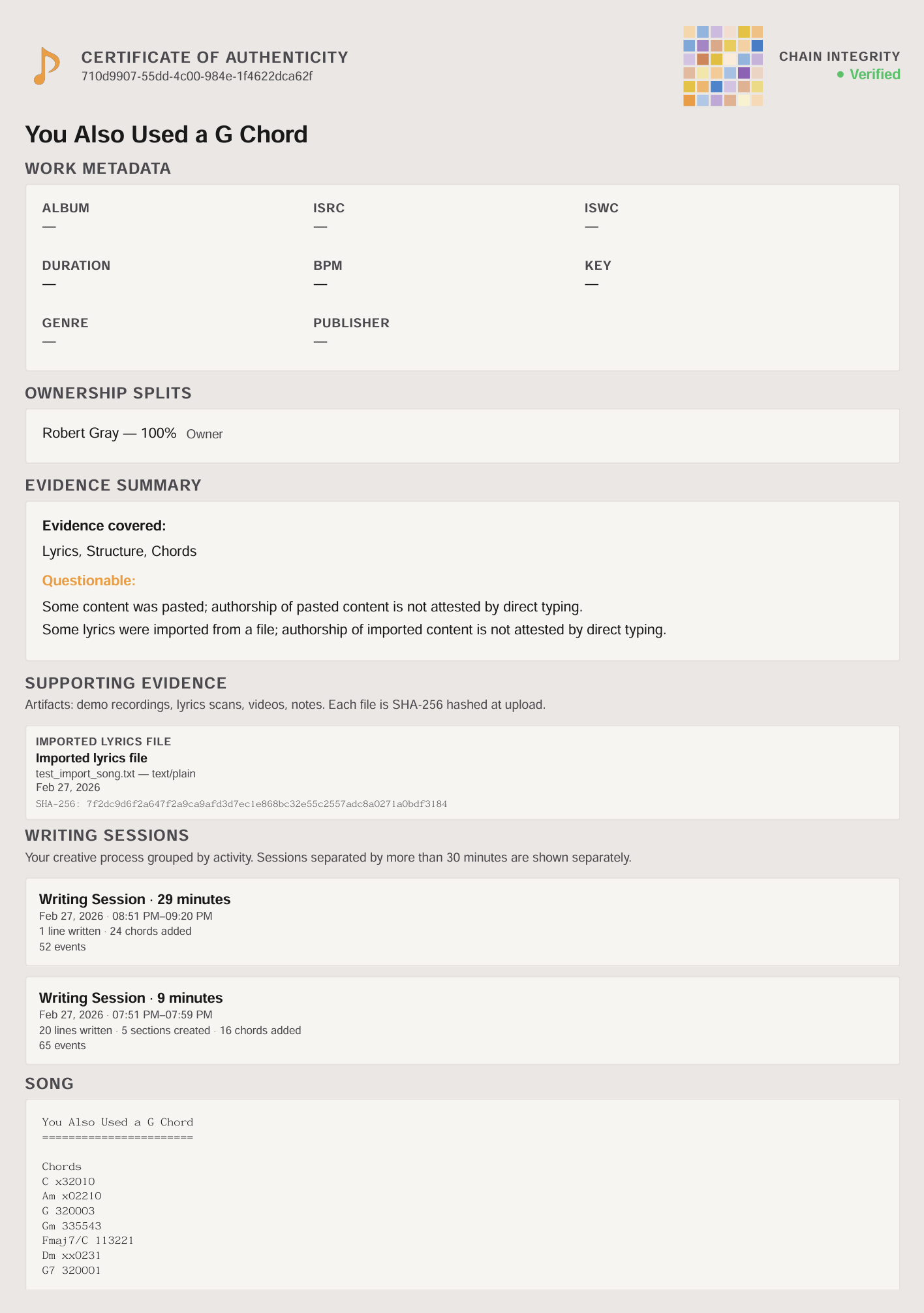 Certificate of Authenticity showing complete song metadata, work details, evidence summary, writing sessions, and ownership splits