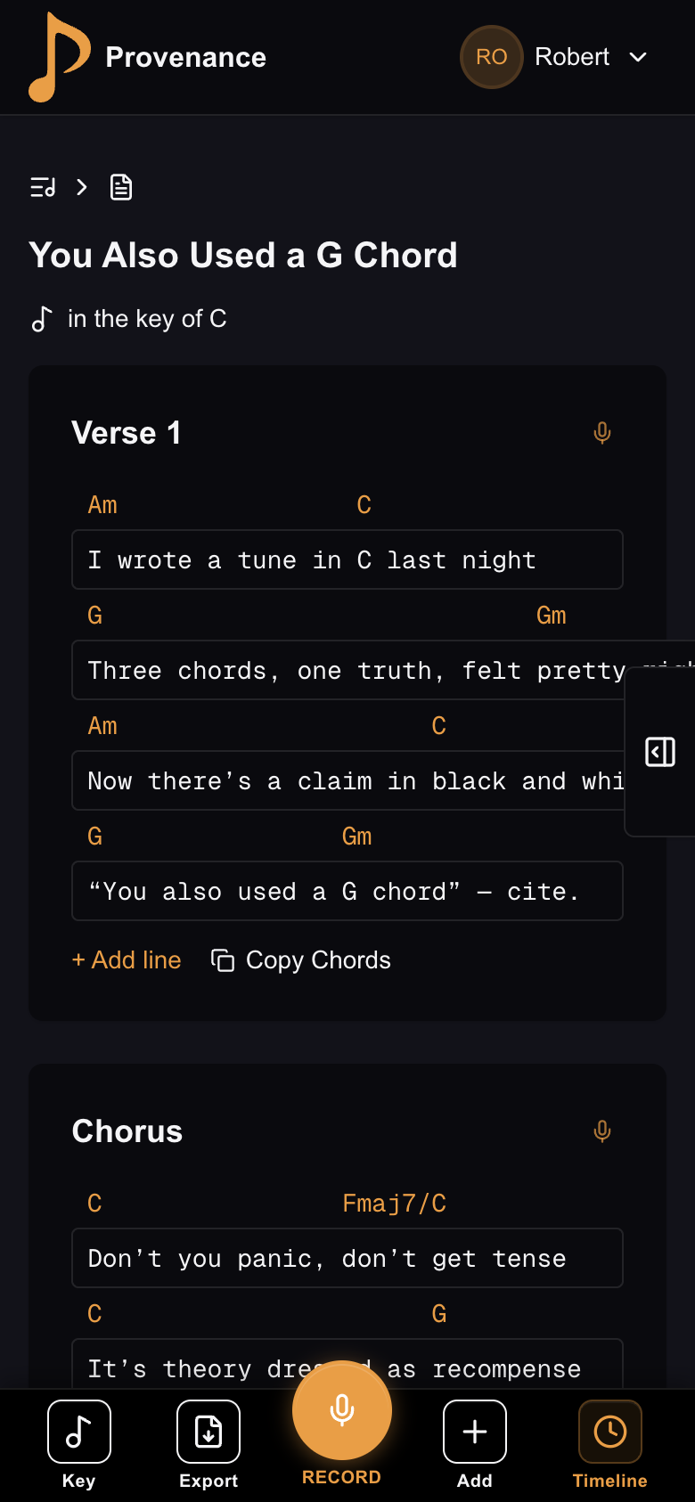 Provenance app in dark theme on mobile
